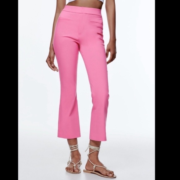 Zara Pink Mini Kick Flare Crop Pants Flat Front Trouser Barbie New Spring Ankle - Picture 4 of 7